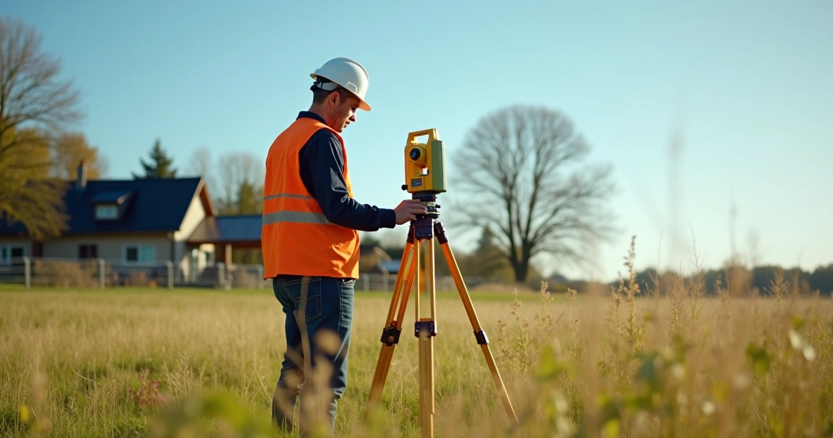 Engenheiro com equipamento topográfico em campo aberto ao lado de imóvel rural 