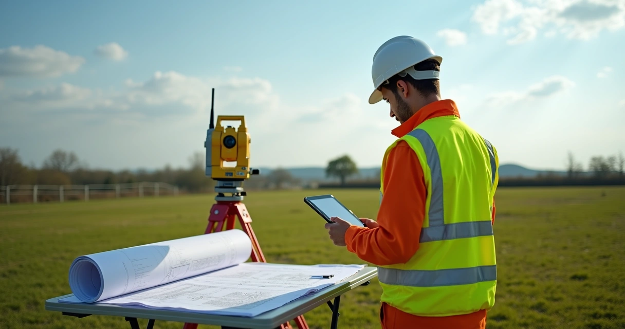 Profissional fazendo georreferenciamento topográfico de terreno 