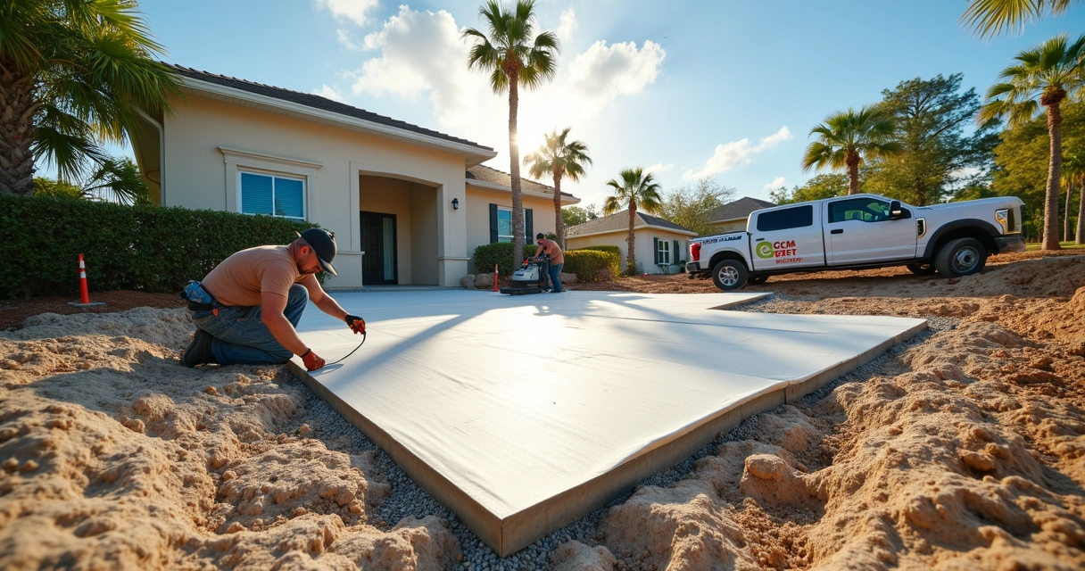 Contractor installing geotextile fabric under driveway base in Florida 
