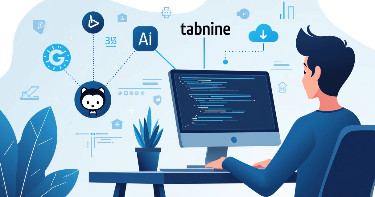 Ilustração corporativa flat de desenvolvedor usando ferramentas de IA para geração de código em ambiente digital com ícones de Gemini, GitHub Copilot e Tabnine 