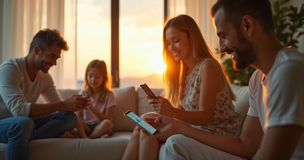 Família em casa olhando para app de energia renovável compartilhada