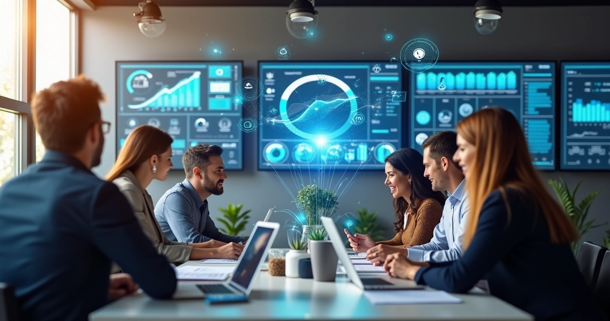 Profissionais de marketing e vendas alinhados em reunião estratégica com gráficos e telas digitais de CRM ao fundo 