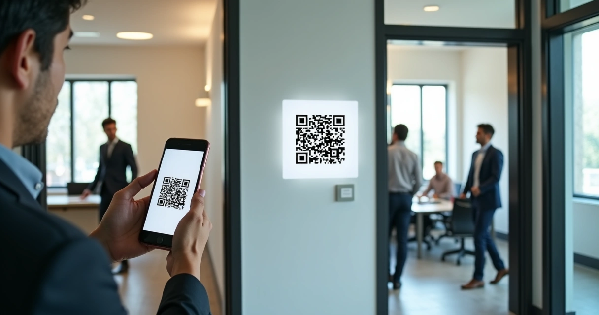 Colaborador usando celular para registrar ponto em QR code na parede da empresa 