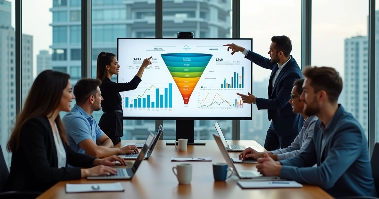 Equipe de marketing analisando funil de geração de demanda B2B em tela grande 