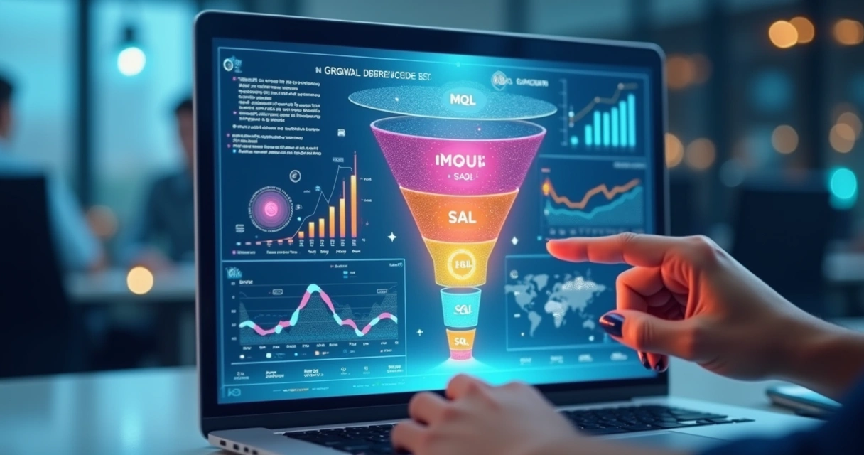Representação gráfica de funil de vendas com ícones de leads em diferentes etapas e gráficos de crescimento digital 