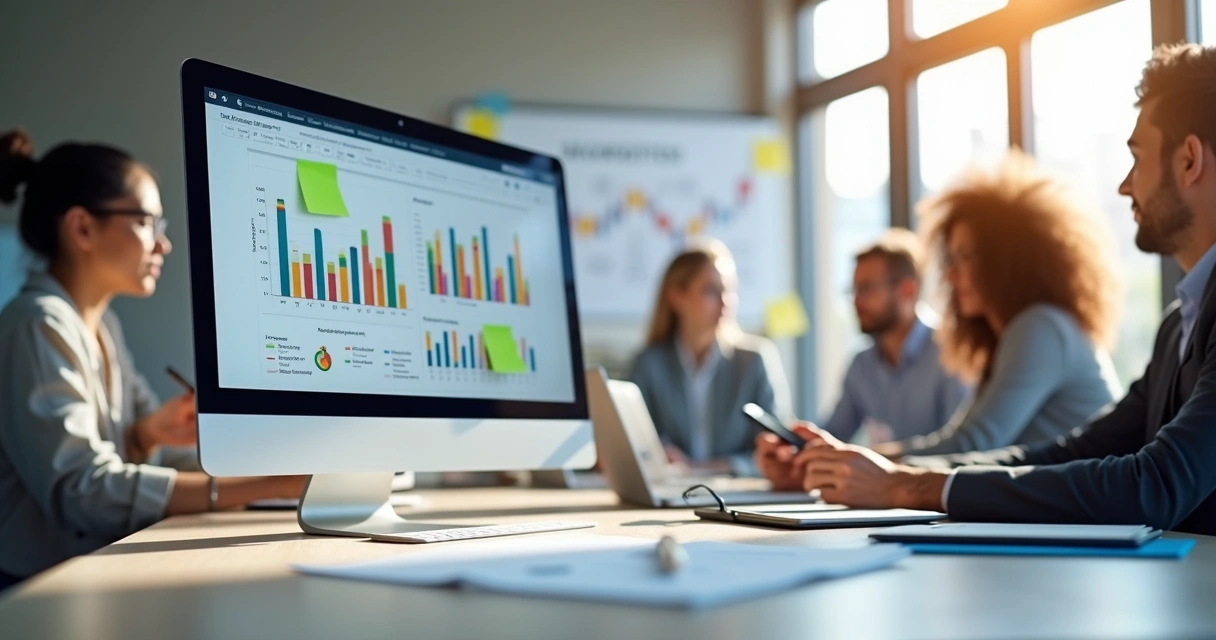 Tela de computador mostrando gráficos de geração e qualificação de leads com equipe de marketing digital ao fundo 