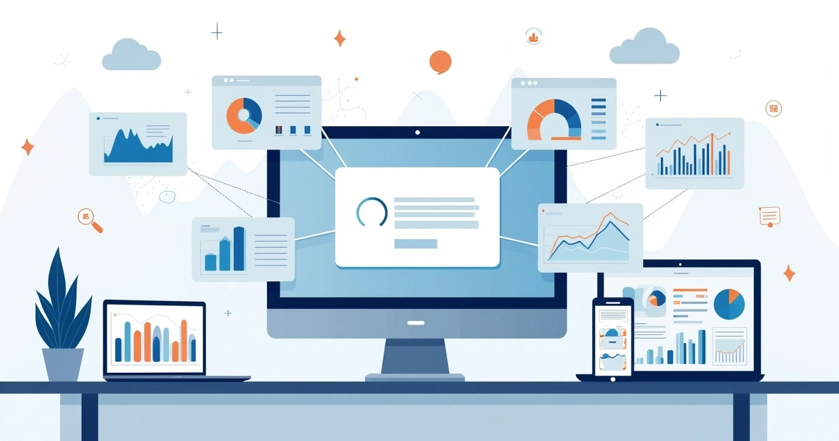 Interface corporativa mostrando múltiplos gráficos ilustrativos em um painel digital 