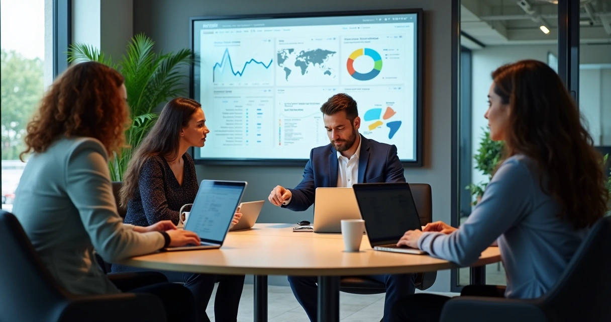 Equipe de vendas analisando geração de leads em mesas redondas 