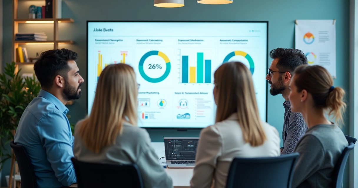 Equipe comercial reunida analisando painel de leads em escritório moderno, gráficos em destaque 