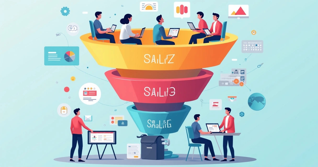 Diagrama mostrando funil com entrada de visitantes, geração de leads e vendas 