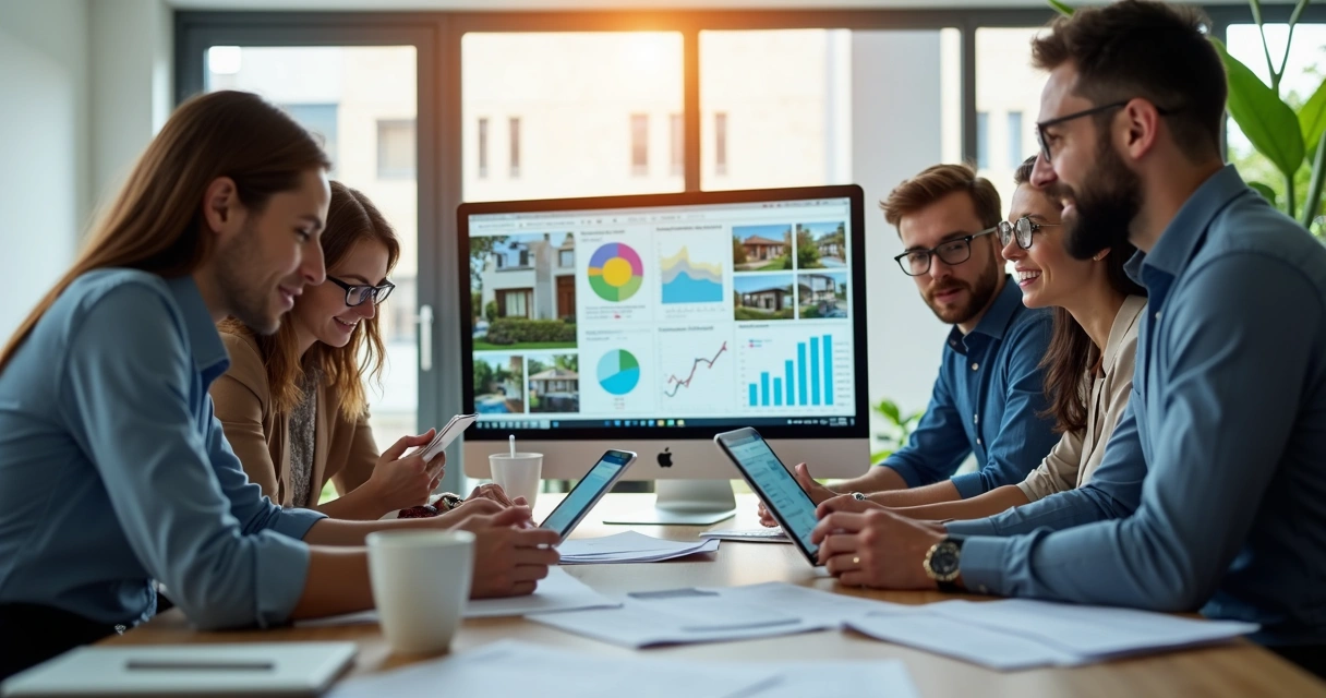 Equipe de imobiliária analisando dados digitais de captação de leads em monitores em uma sala moderna