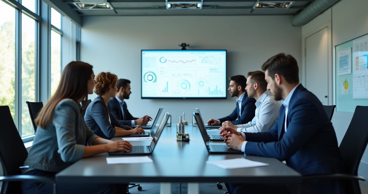 Empresas de Geração de Leads B2B: Como Escolher e Potencializar Resultados 2 Equipe de vendas reunida analisando dados de leads B2B na tela de um notebook em ambiente corporativo