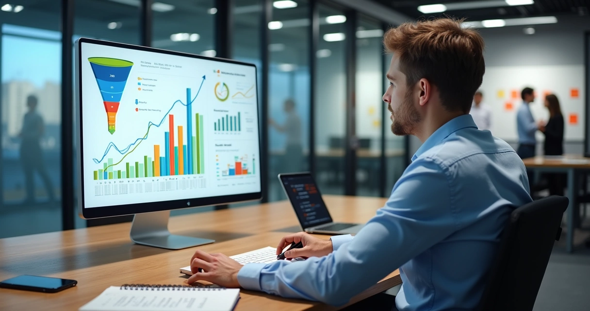 Executivo analisando painel de leads e funil de vendas em tela grande de computador 