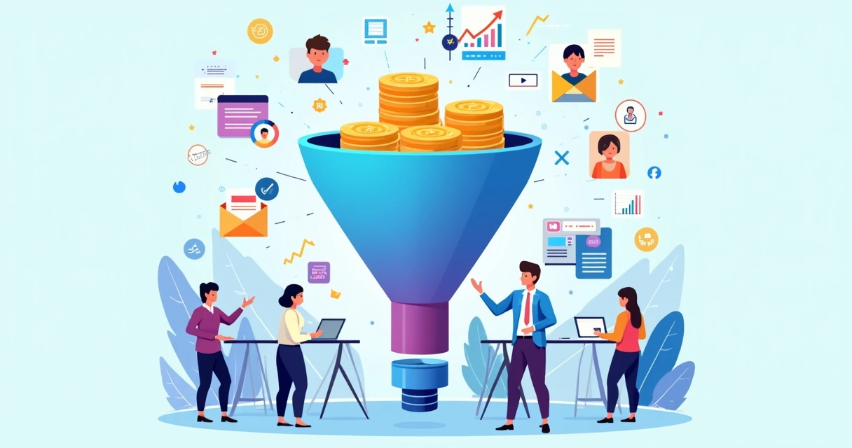 Ilustração de funil de geração de leads com estratégias inbound e outbound conectadas 
