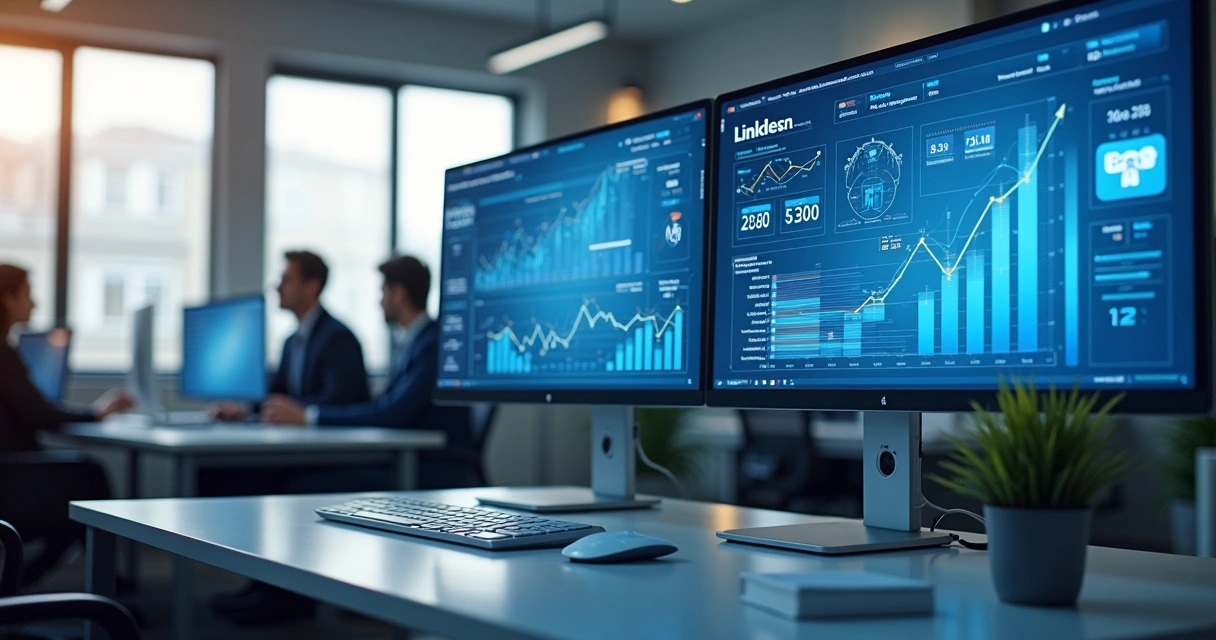 Tela de computador com gráficos de leads e ícones de IA no LinkedIn 