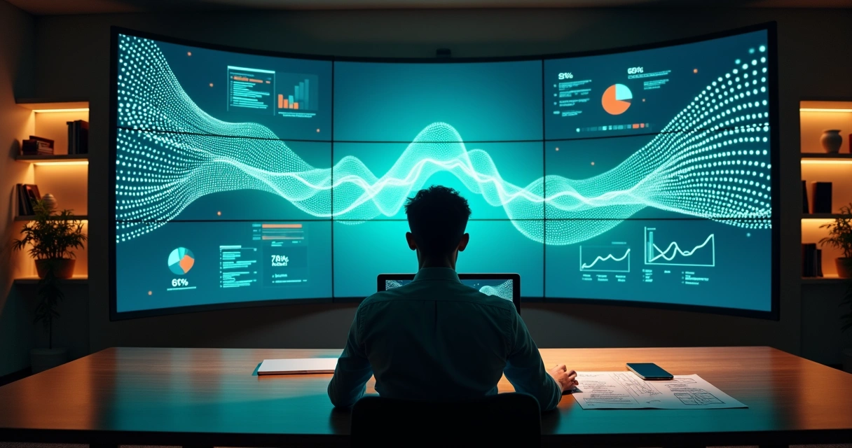 Profissional em escritório moderno mergulhado em gráficos digitais de leads na tela gigante 