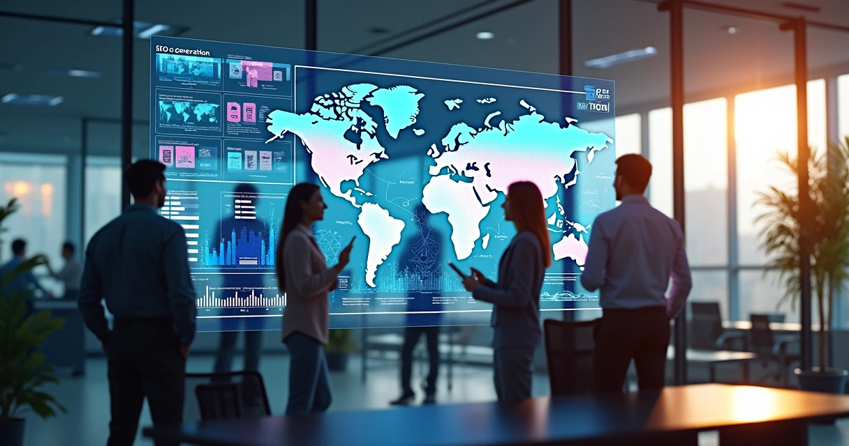 Representação digital de profissionais conectando leads orgânicos por meio de gráficos, mapas e redes digitais coloridas em ambiente de escritório moderno 