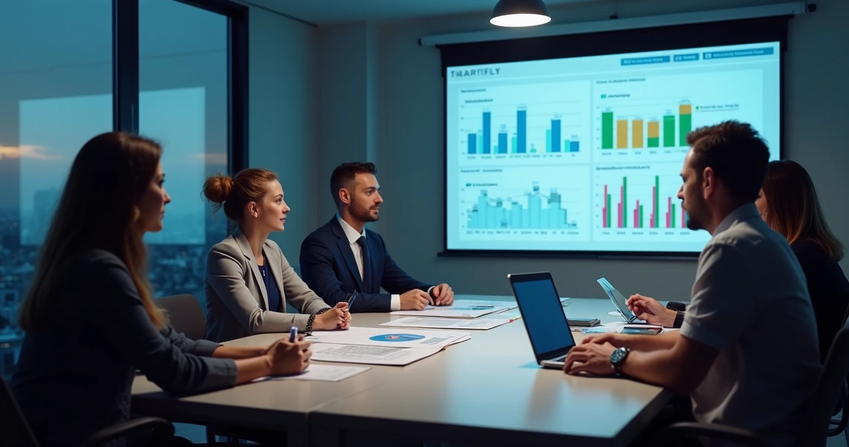 Equipe de vendas em reunião estratégica com gráficos e telas digitais mostrando análise de leads qualificados para prospecção B2B 