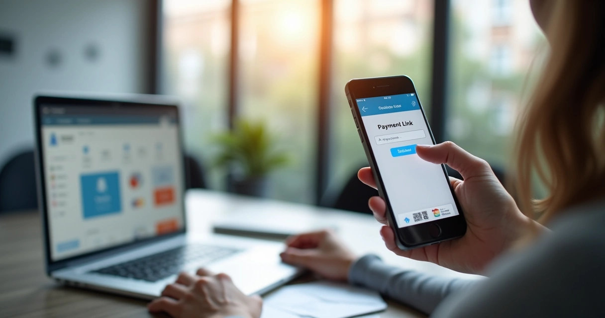 Pessoa usando smartphone para gerar link de pagamento em ambiente de escritório moderno 
