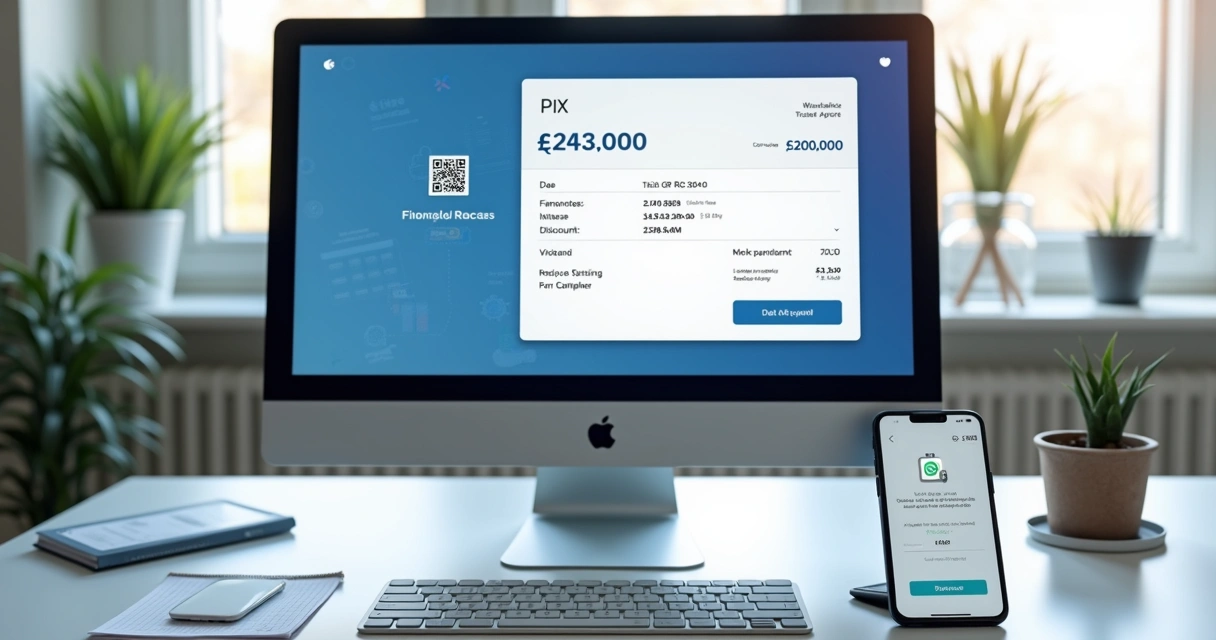 Tela de computador mostrando geração de QR Code dinâmico para cobrança via Pix com detalhes de vencimento, juros e descontos 