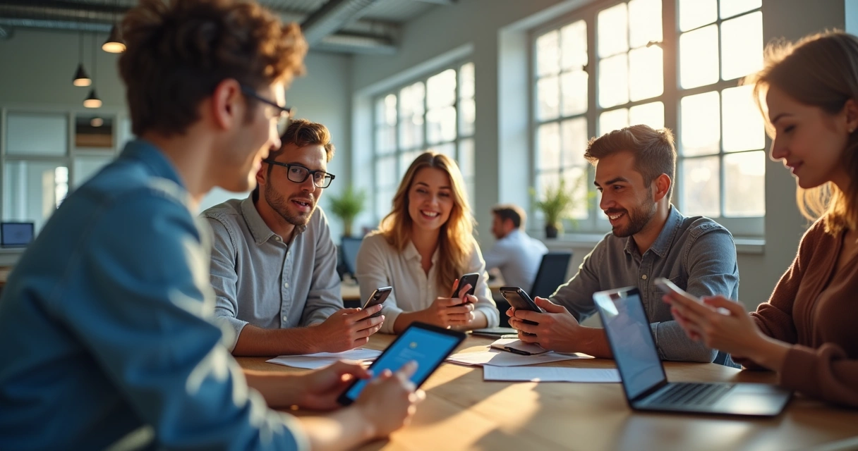 Jovens profissionais usando smartphones em ambiente de trabalho digital