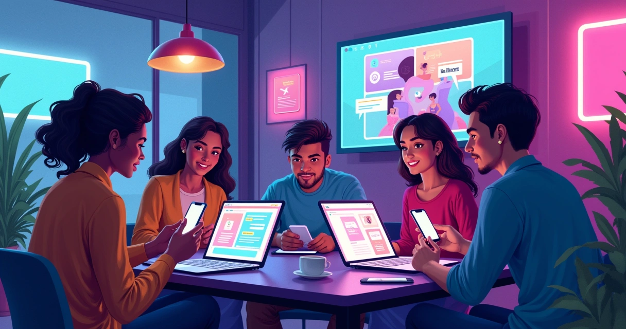 Jovens da geração Z interagindo em ambiente digital vibrante 