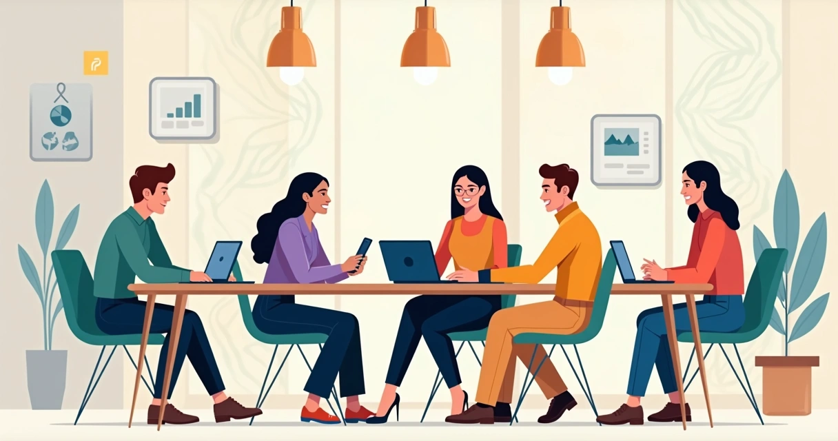 Ilustração corporativa plana de jovem equipe diversa colaborando em um ambiente de trabalho moderno com elementos tecnológicos 