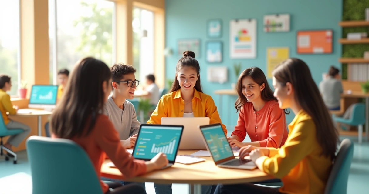 Modelo 3D de jovens profissionais conectados com tecnologia em ambiente de trabalho moderno e colaborativo 