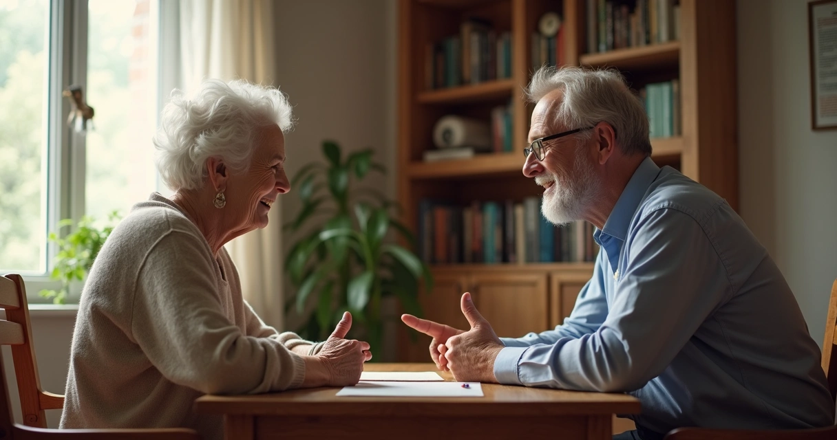 Duas pessoas de gerações diferentes conversando em uma mesa 