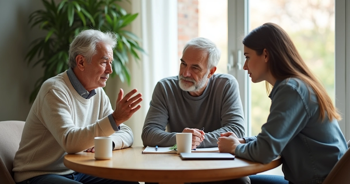 Três gerações em conversa harmoniosa em torno de uma mesa redonda 