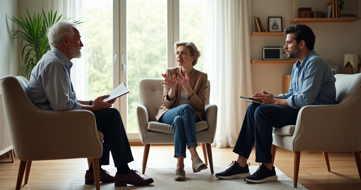 Três gerações conversando em roda em uma sala clara e moderna 