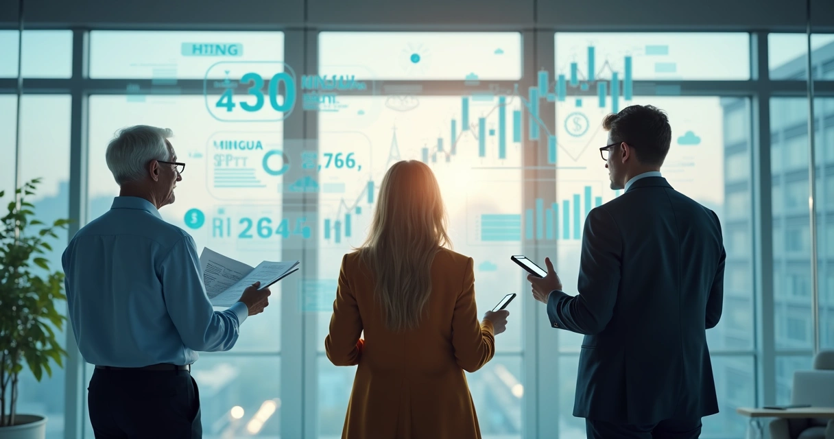 Perfis de diferentes idades diante de gráficos financeiros