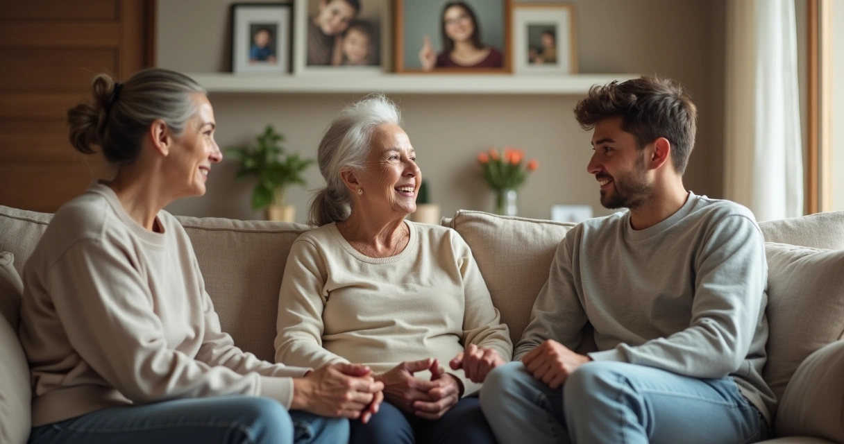 Três gerações da família conversando na sala
