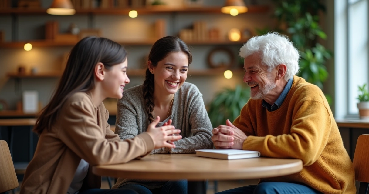 Três pessoas de diferentes idades sentadas conversando em uma mesa de café 