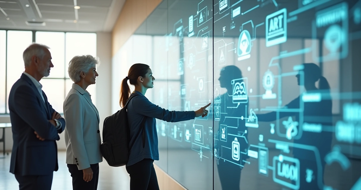 Três gerações lado a lado escolhendo caminhos profissionais em um painel de opções 