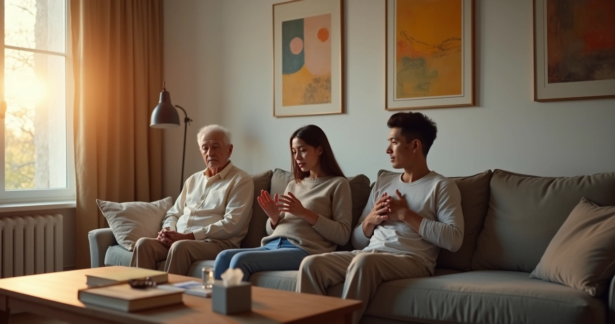 Três gerações em sala de estar mostrando formas diferentes de expressar emoções. 