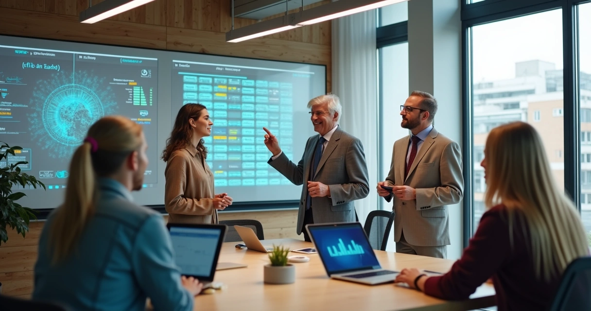 Colaboradores de diferentes gerações interagindo com tecnologia digital no trabalho. 