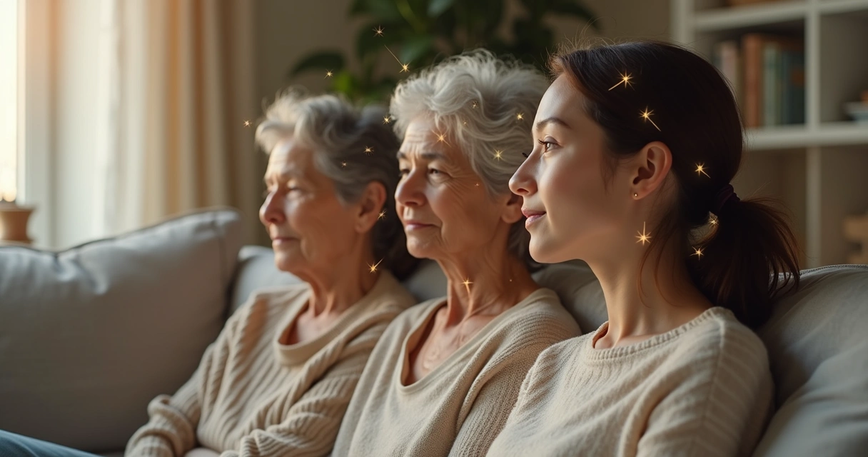 Três gerações de uma mesma família conectadas por fios de luz entre suas cabeças 