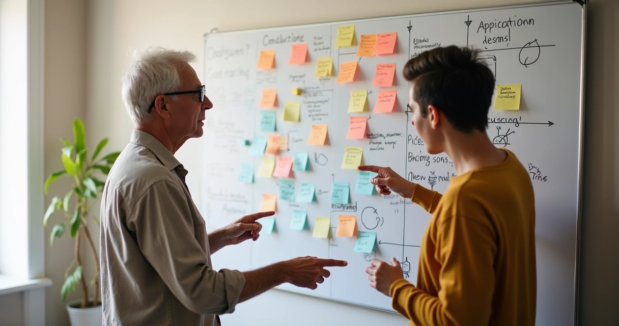 Duas gerações em equipe de família compartilhando ideias diante de quadro branco. 
