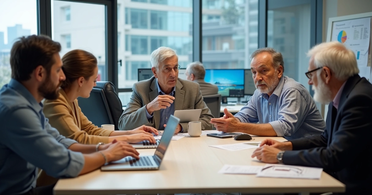 Grupo de pessoas de idades diferentes discutindo em uma mesa de escritório 