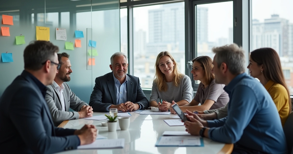 Equipe de trabalho com pessoas de idades diferentes reunidas em mesa de reunião