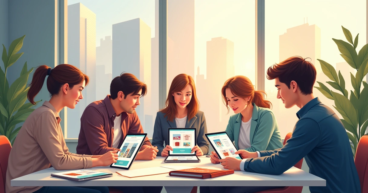 Equipe comercial usando catálogo digital em tablet