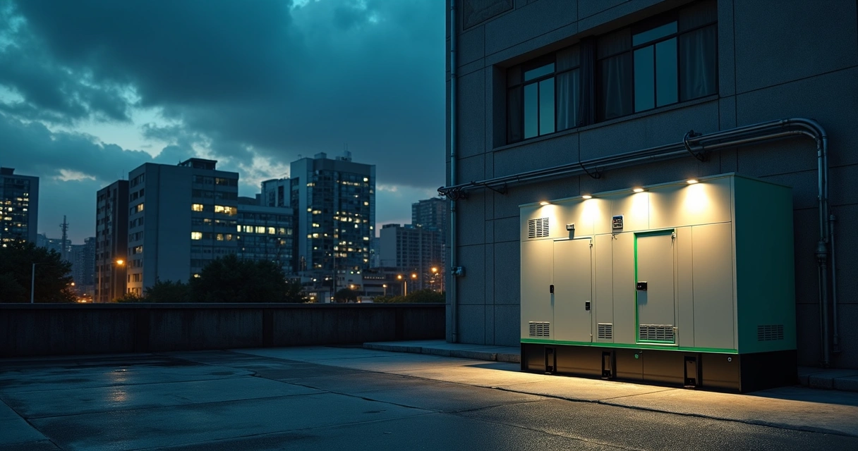 Gerador de energia industrial iluminado funcionando ao lado de prédio comercial à noite 