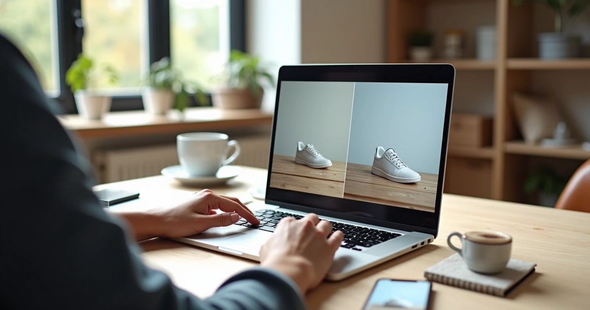 Vendedor usando gerador de fotos com IA para criar imagens de produtos para e-commerce 
