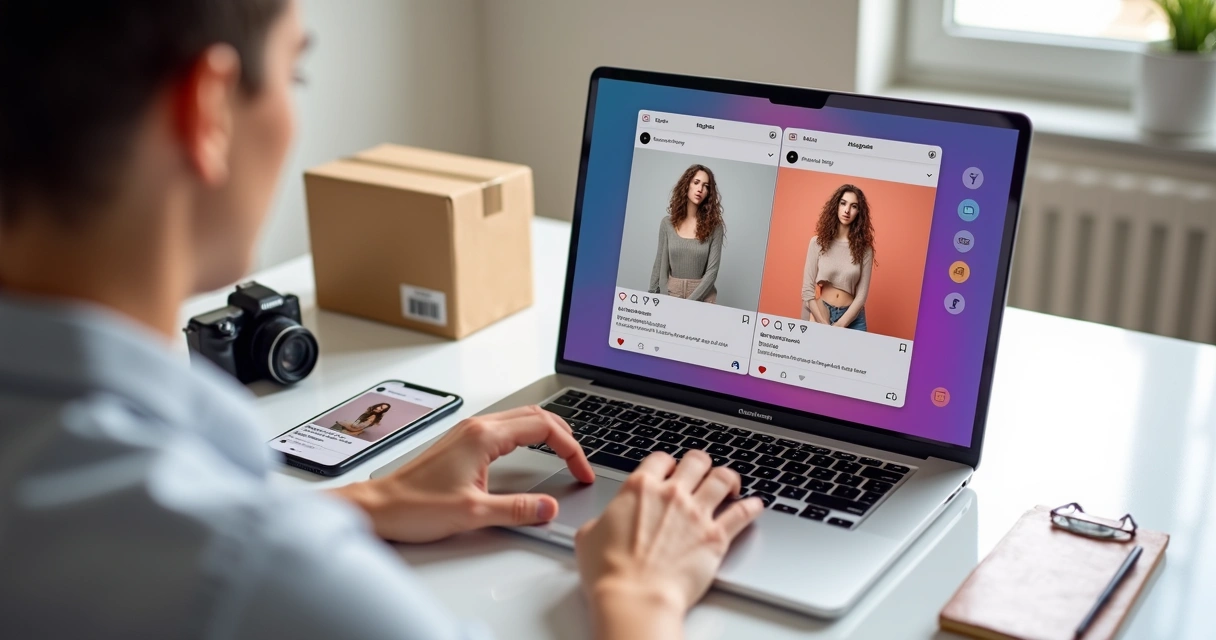 Vendedora usando gerador de imagens para Instagram com fotos de produtos na tela do notebook 