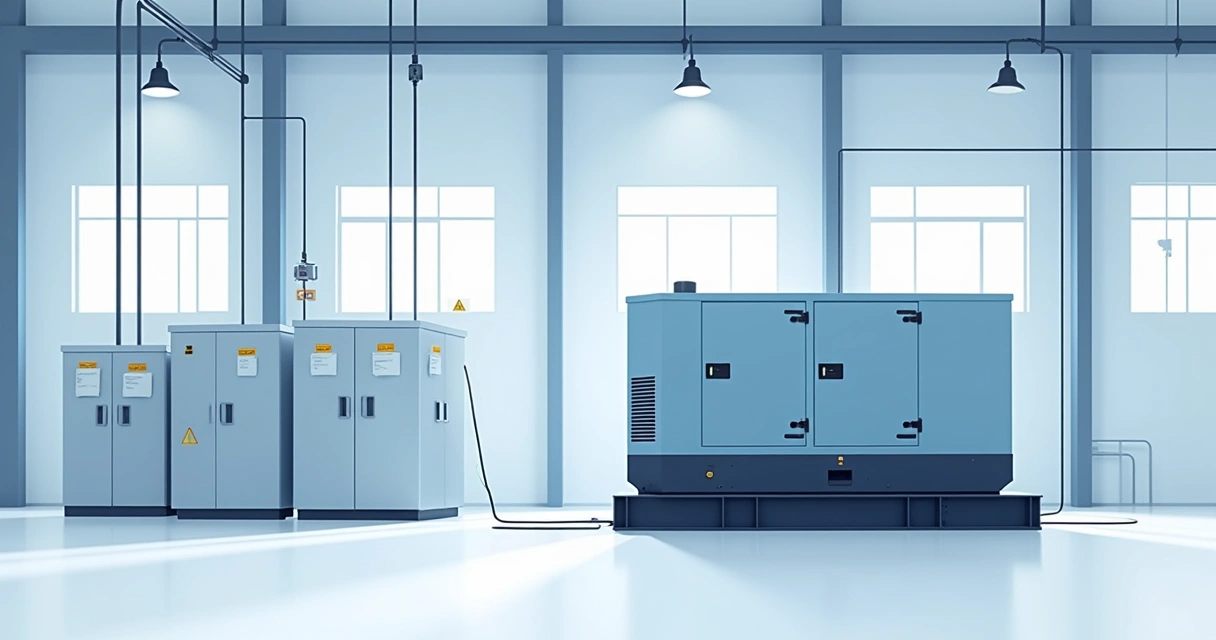 Gerador industrial instalado em ambiente interno com painéis de controle 