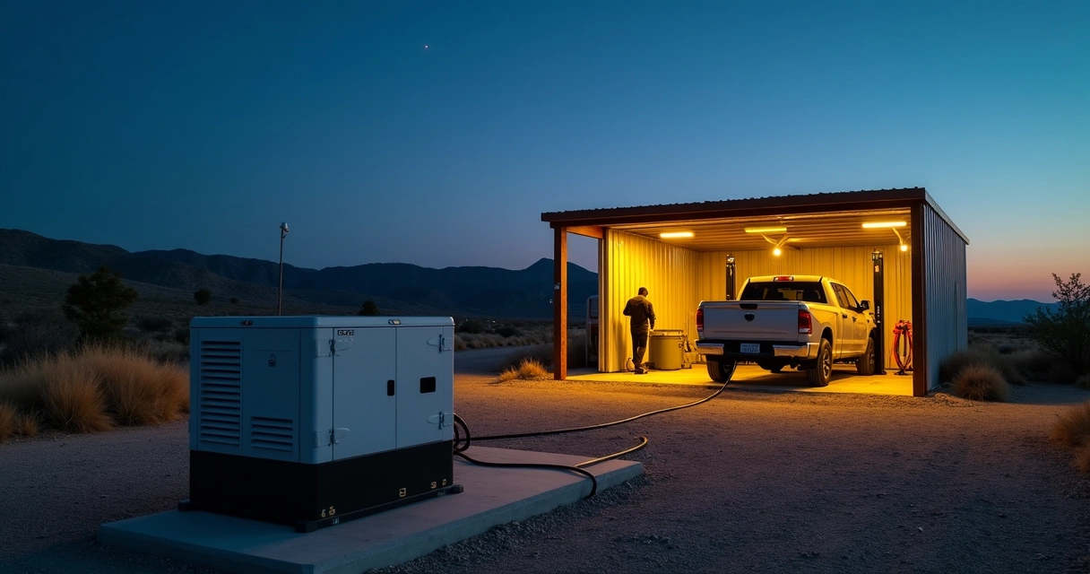 Gerador de energia iluminando oficina mecânica remota ao anoitecer 