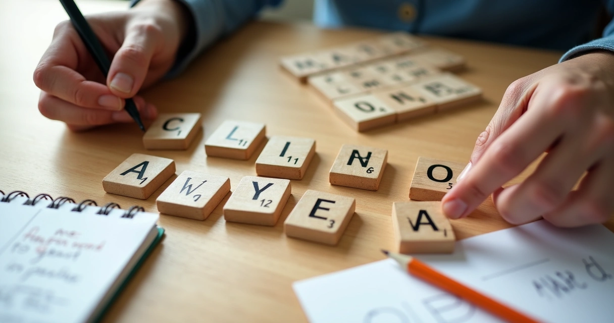 Mãos manipulando letras de madeira formando palavras em uma mesa de madeira clara em ambiente iluminado 