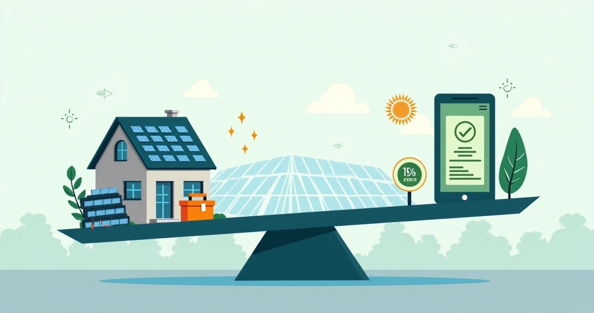 Ilustração comparando gerador solar próprio e energia solar por assinatura em balança 