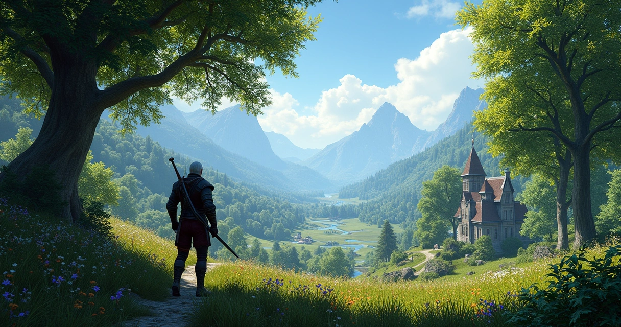 Geralt de Rívia em uma floresta de The Witcher 3, com uma aldeia ao fundo e um monstro à espreita.